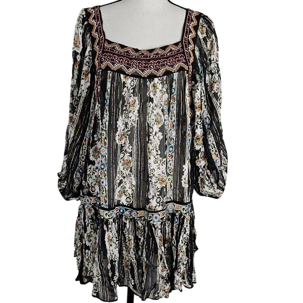 Free People Dress Women Small Black Floral Boho Swing Mini Long Sleeve cottage